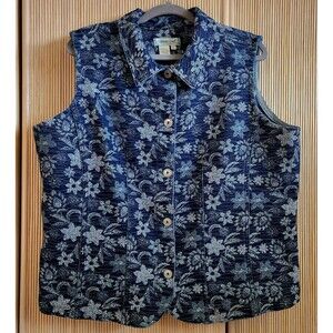 Coldwater Creek Women's Vest Size 1X Blue Floral Denim Button-Up EUC